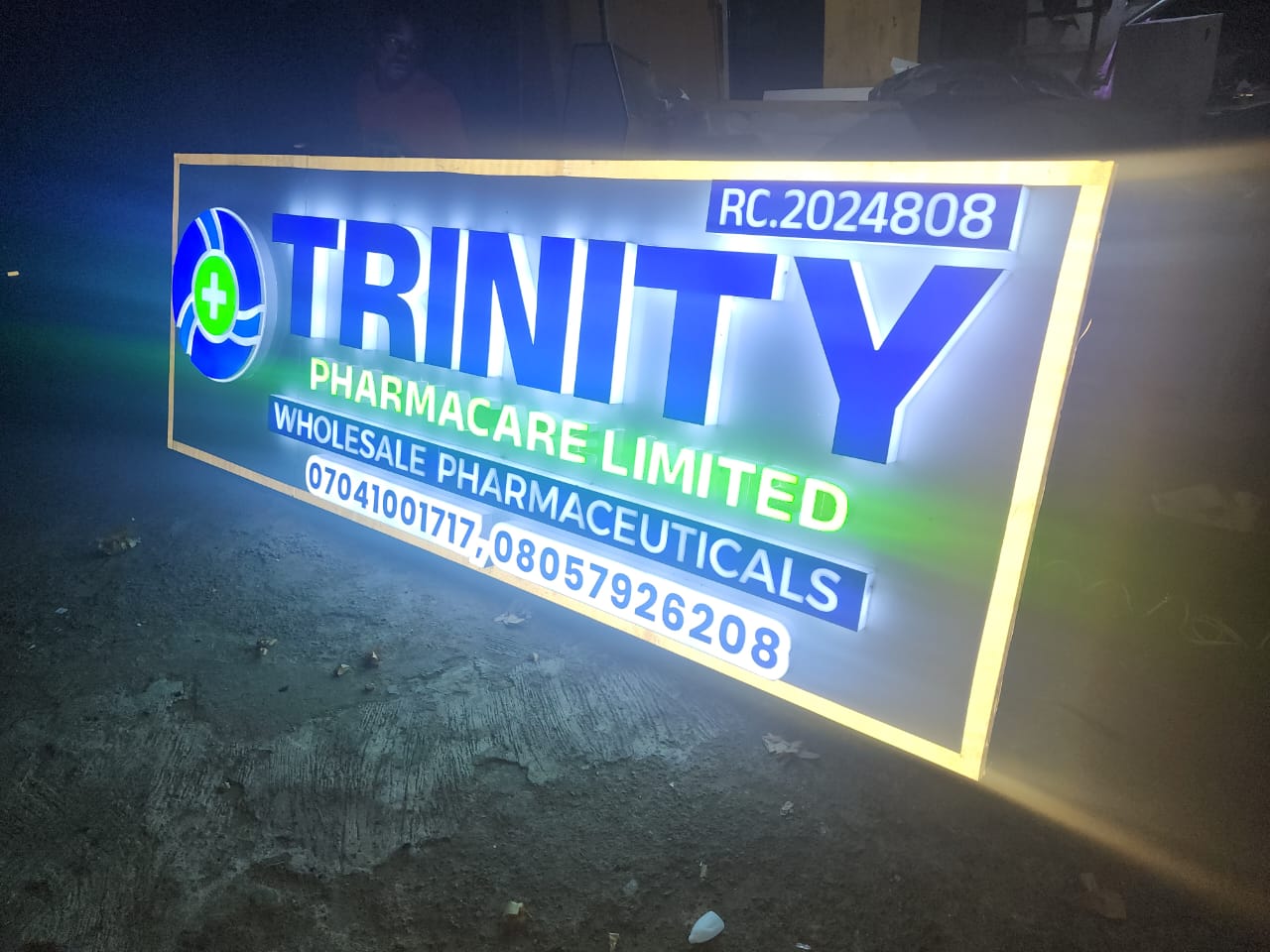 Backlit 3D Trinity Pharmacare Limited wholesale pharmaceuticals signboard