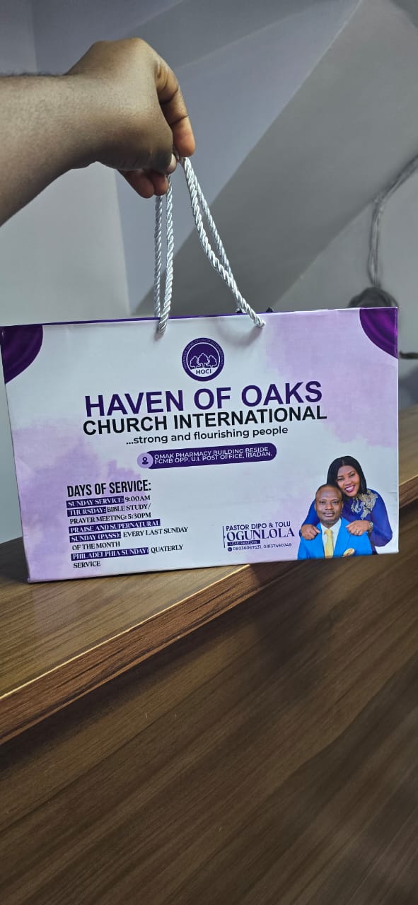 Custom printed gift bag for Haven of Oaks Church International, Ibadan