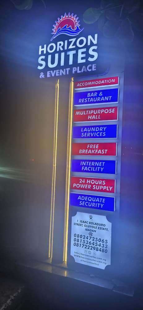 Illuminated multi-panel pylon signage for Horizon Suites & Event Place, Oluyole Ibadan