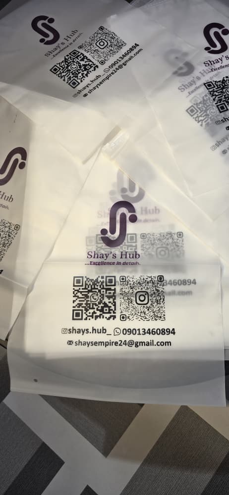 Frosted branded packaging bags with logo and QR code for Shay's Hub