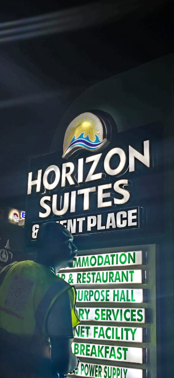 Close-up of illuminated Horizon Suites & Event Place 3D signage at night