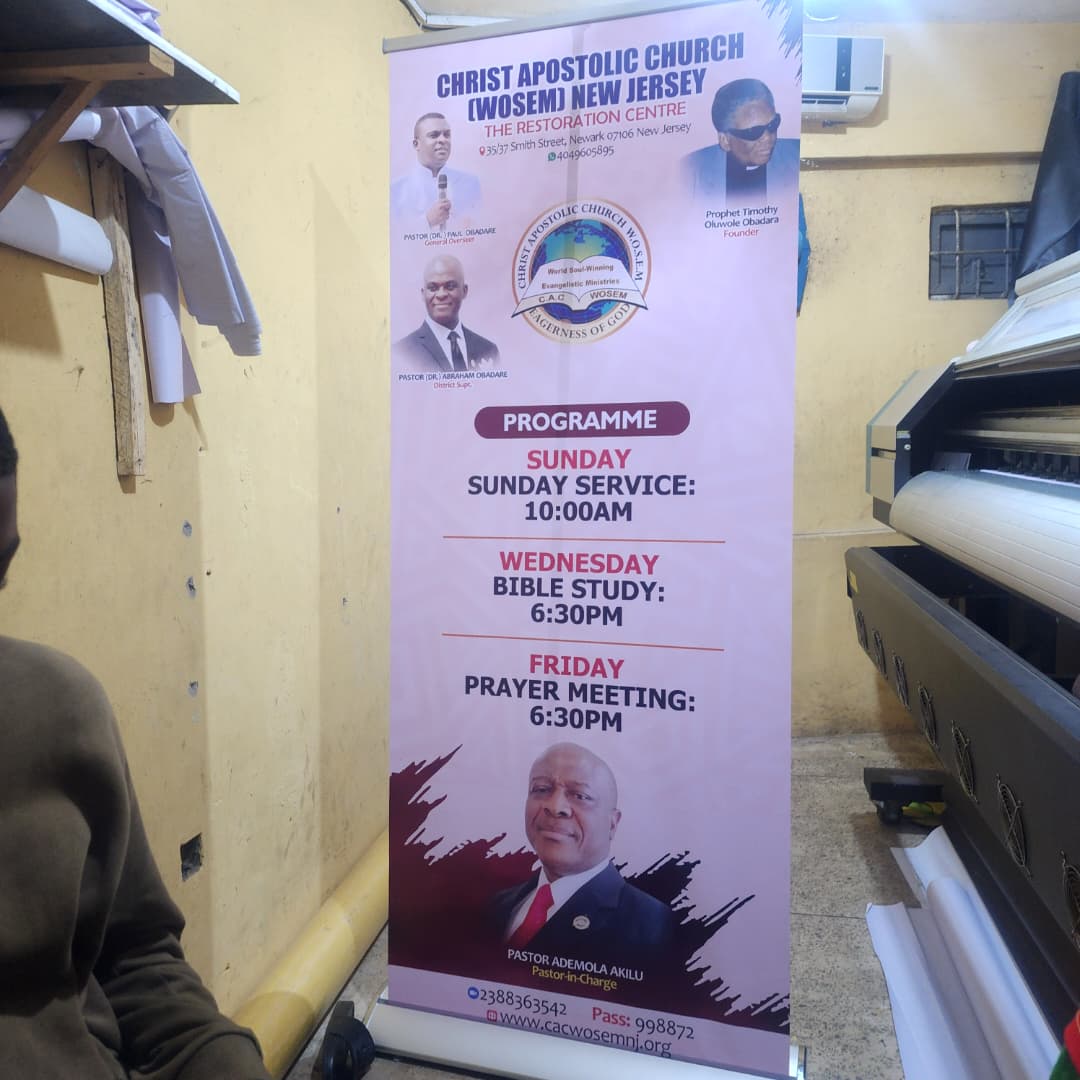 Roll-up banner for Christ Apostolic Church WOSEM New Jersey Restoration Centre weekly programme
