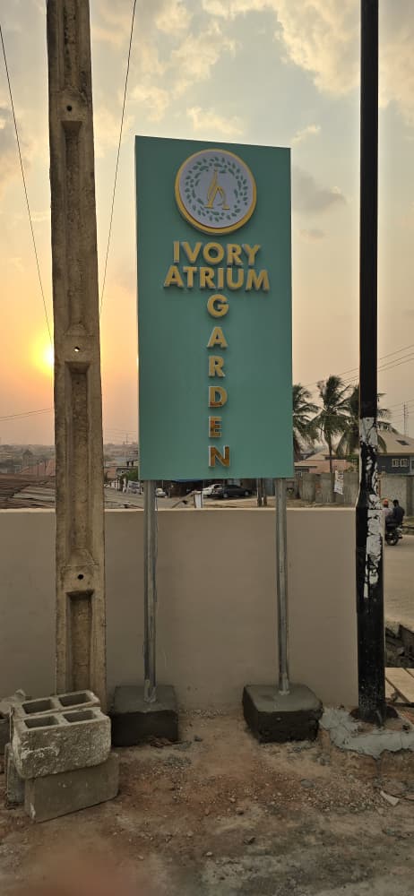 Illuminated 3D pylon signage for Ivory Atrium Garden mounted at the estate entrance