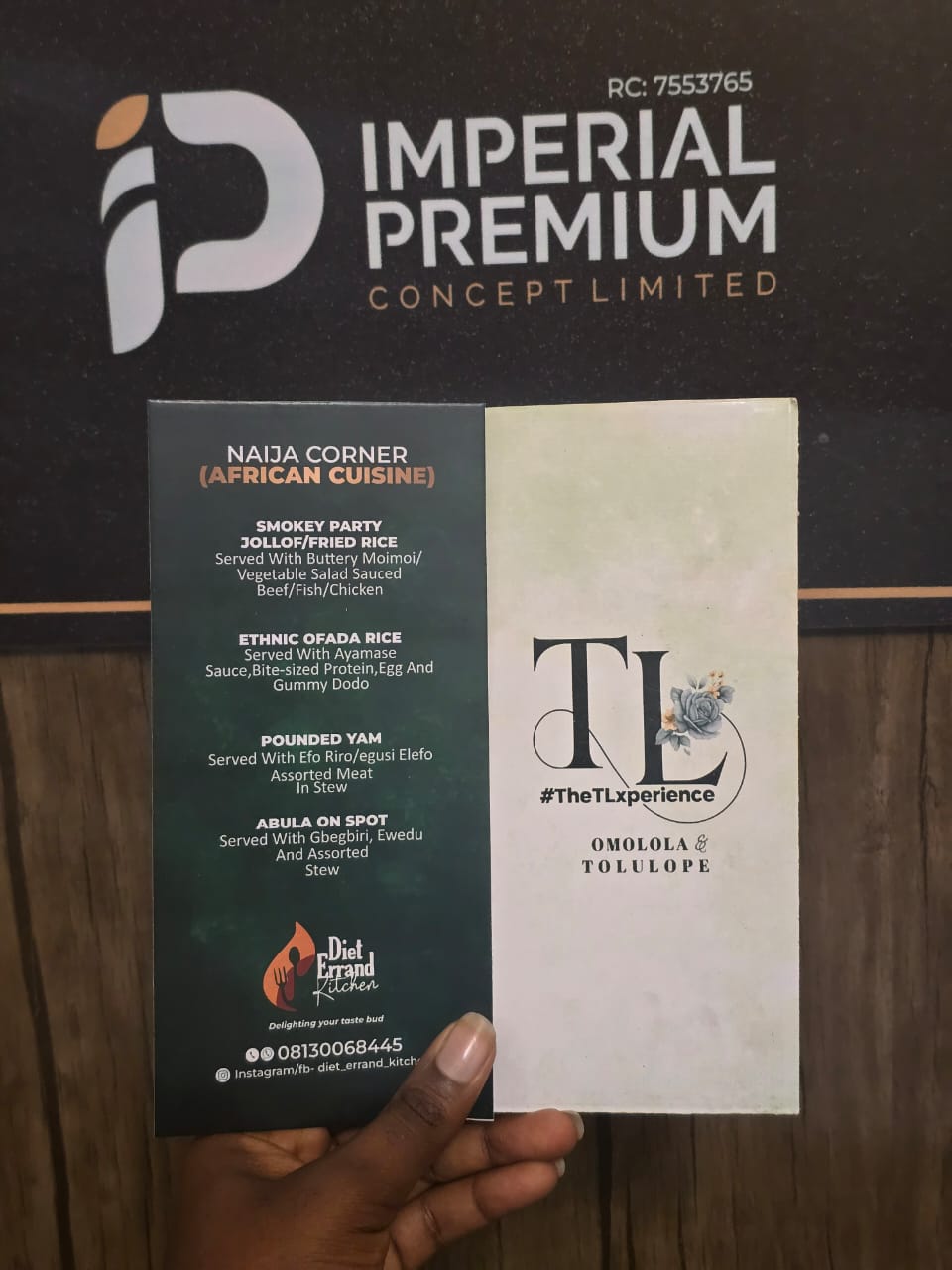Bespoke Omolola & Tolulope wedding menu card featuring Diet Errand Kitchen Naija Corner menu