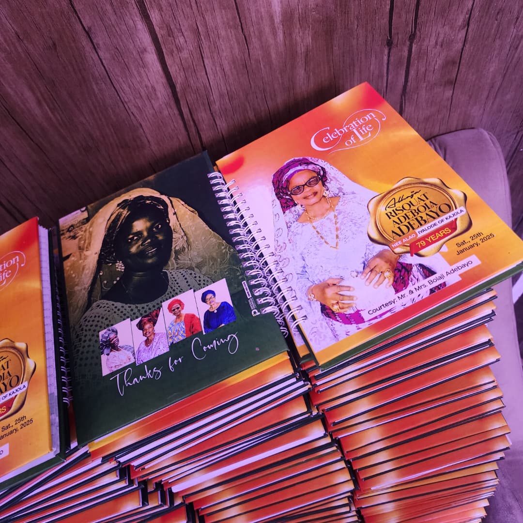 Wire-bound Celebration of Life brochures for Alhaja Risquat Adebola Adebayo, Iyalode of Kajola