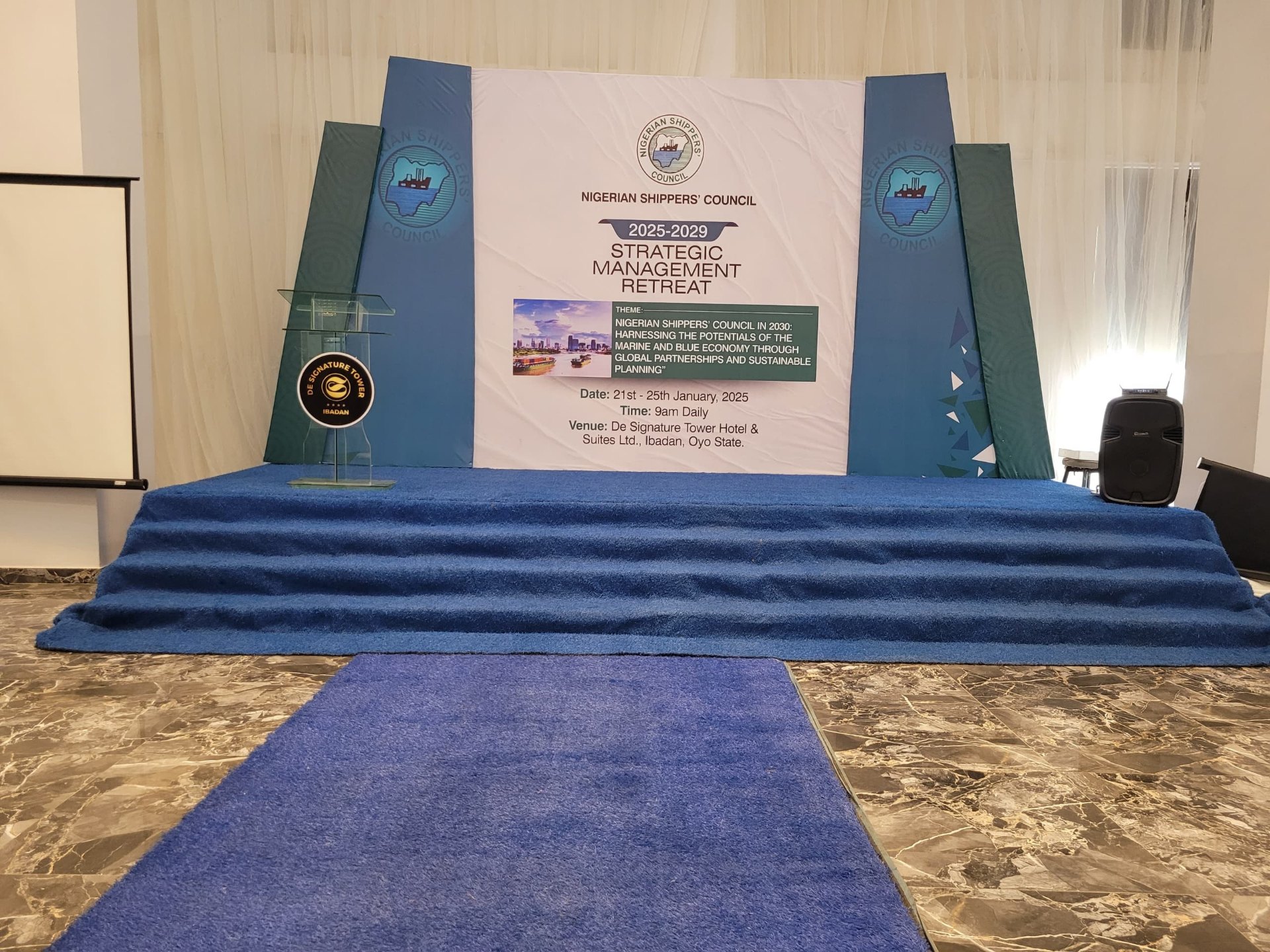 Stage backdrop and podium branding for the Nigerian Shippers’ Council 2025-2029 Strategic Management Retreat