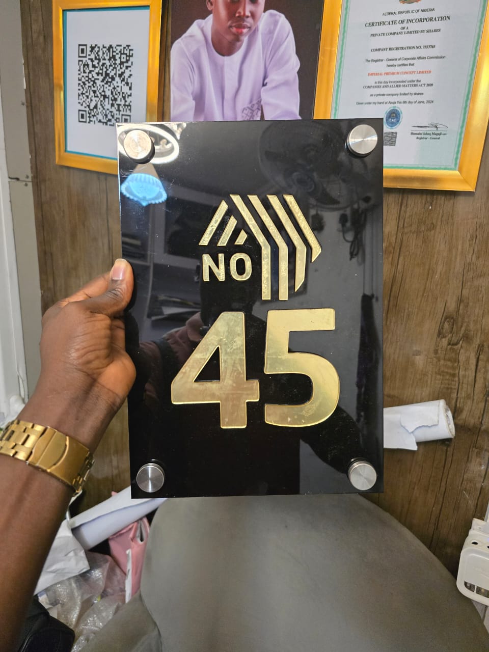 Premium black acrylic address plaque with polished gold 3D house number 45