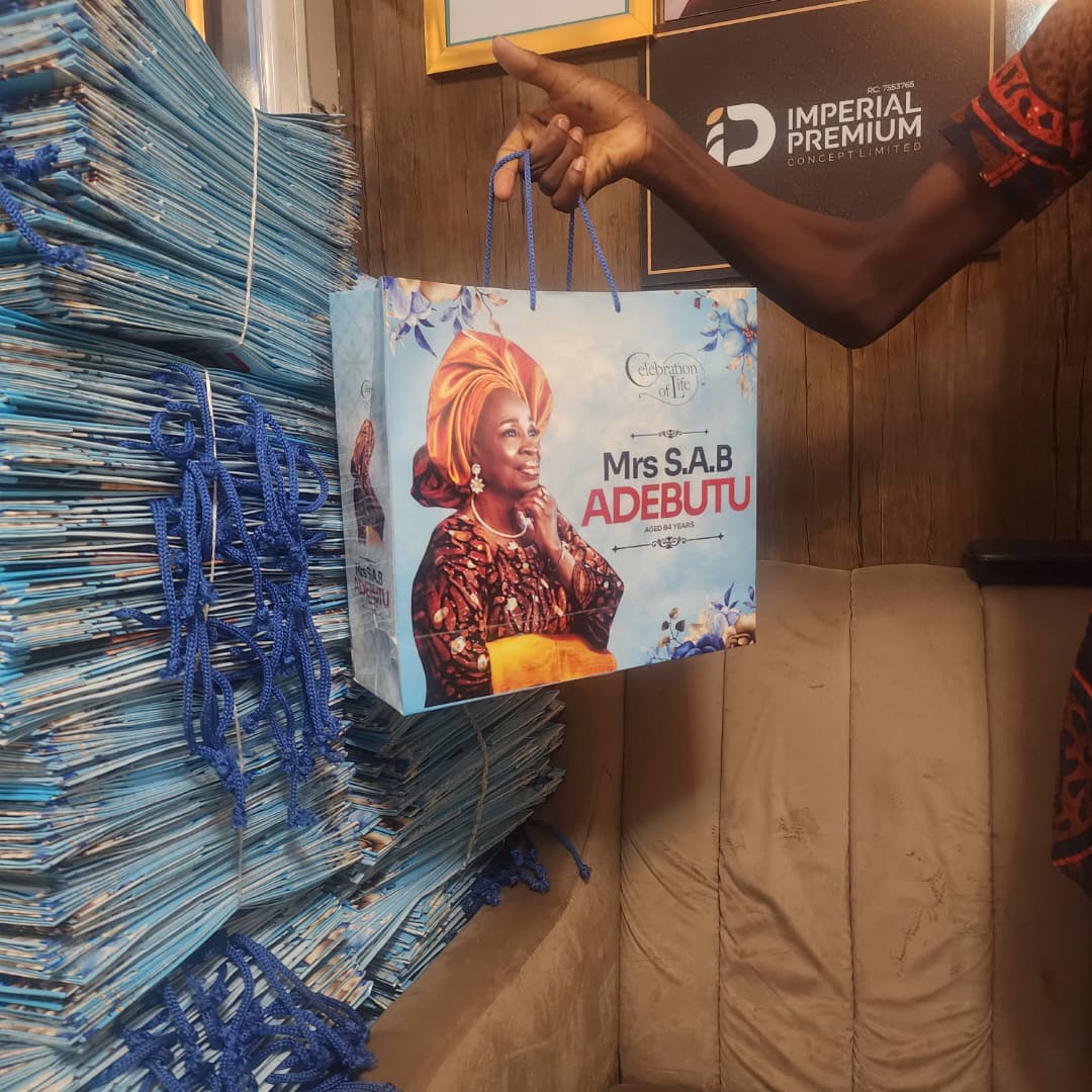Custom printed Celebration of Life gift bags honouring Mrs S.A.B Adebutu at 84 years